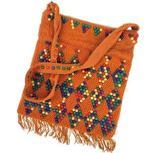 Vintage Orange Candy Dot Beaded Shoulder Bag Boho Hippie Fringe Crossbody Purse